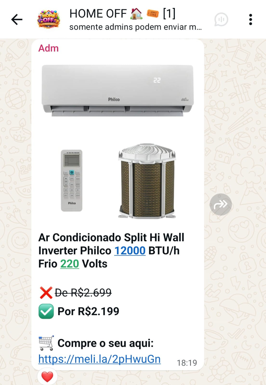 Print real de oferta no grupo Home Off: Ar Condicionado Split Hi Wall Inverter Philco 12000 BTU/h com desconto
